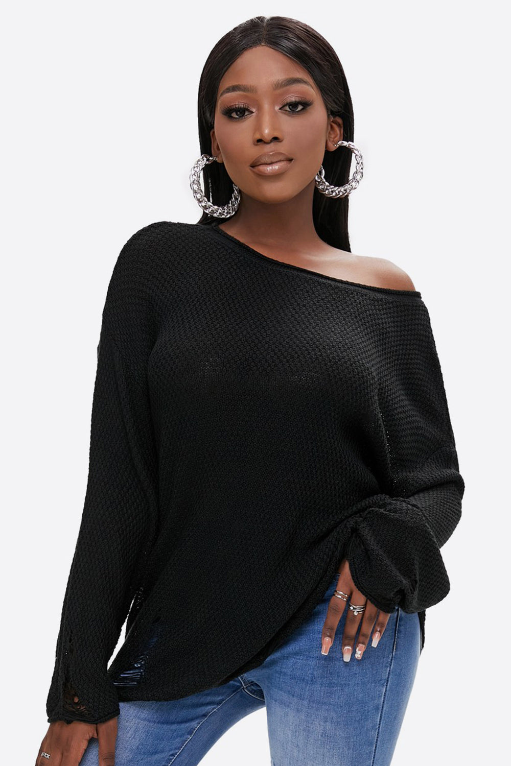 Round Neck Distressed Drop Shoulder Sweater - FunkyPeacockStore (Store description)