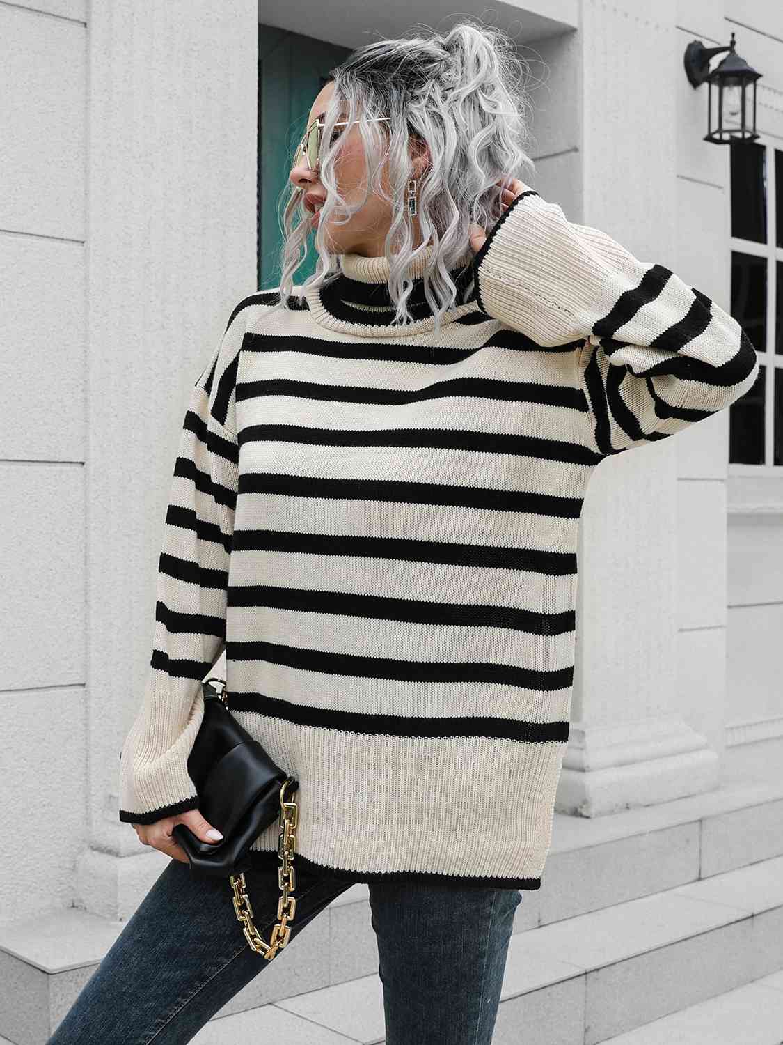 Striped Slit Turtleneck Drop Shoulder Sweater - FunkyPeacockStore (Store description)