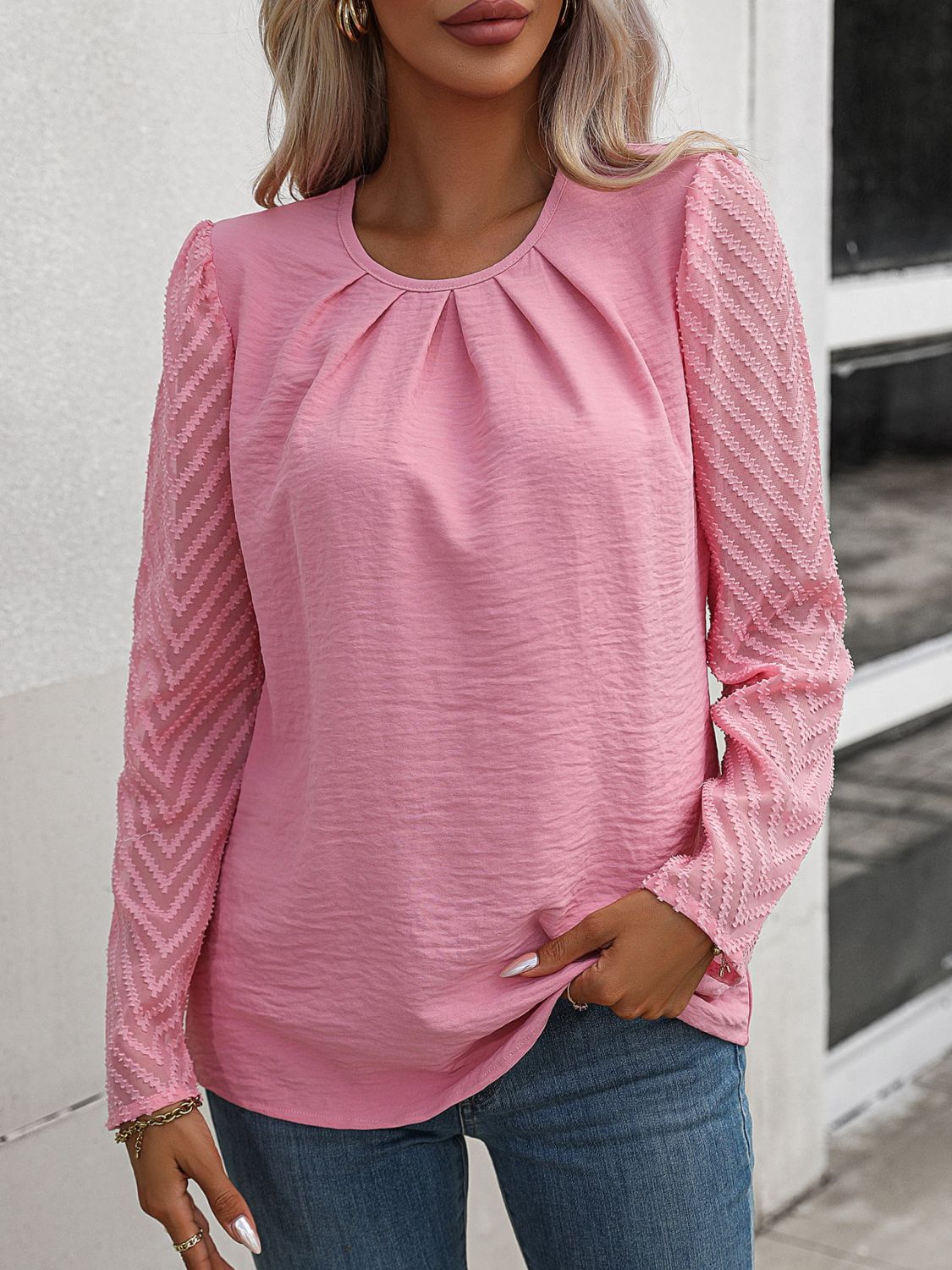 Ruched Round Neck Puff Sleeve Blouse - FunkyPeacockStore (Store description)