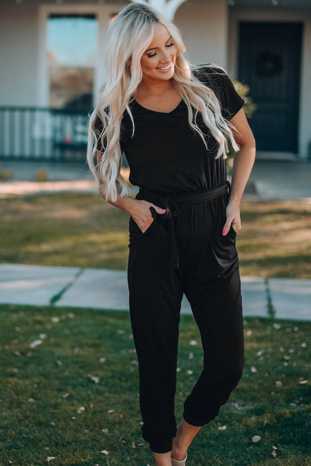 Belted V-Neck Jogger Jumpsuit - FunkyPeacockStore (Store description)