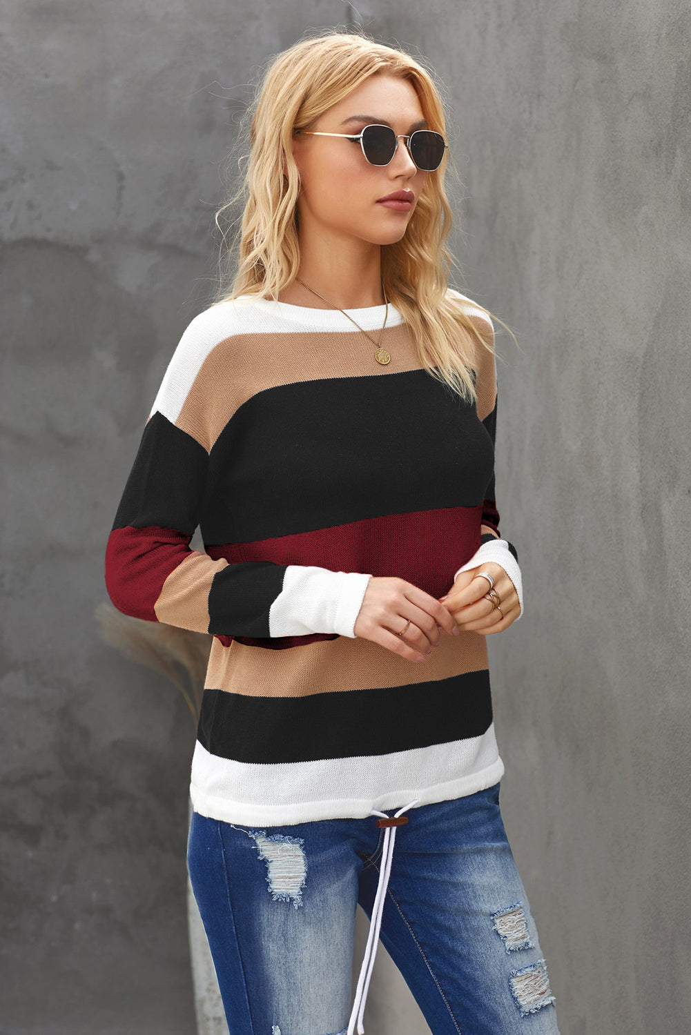 Round Neck Color Block Dropped Shoulder Knit Top - FunkyPeacockStore (Store description)