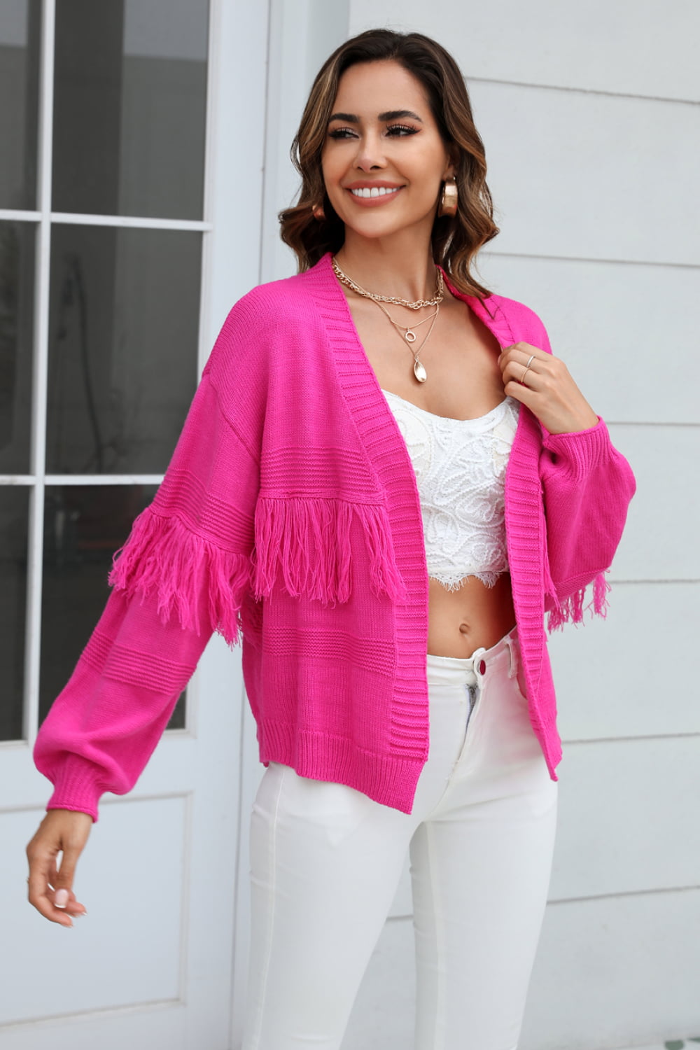 Fringe Trim Open Front Cardigan - FunkyPeacockStore (Store description)