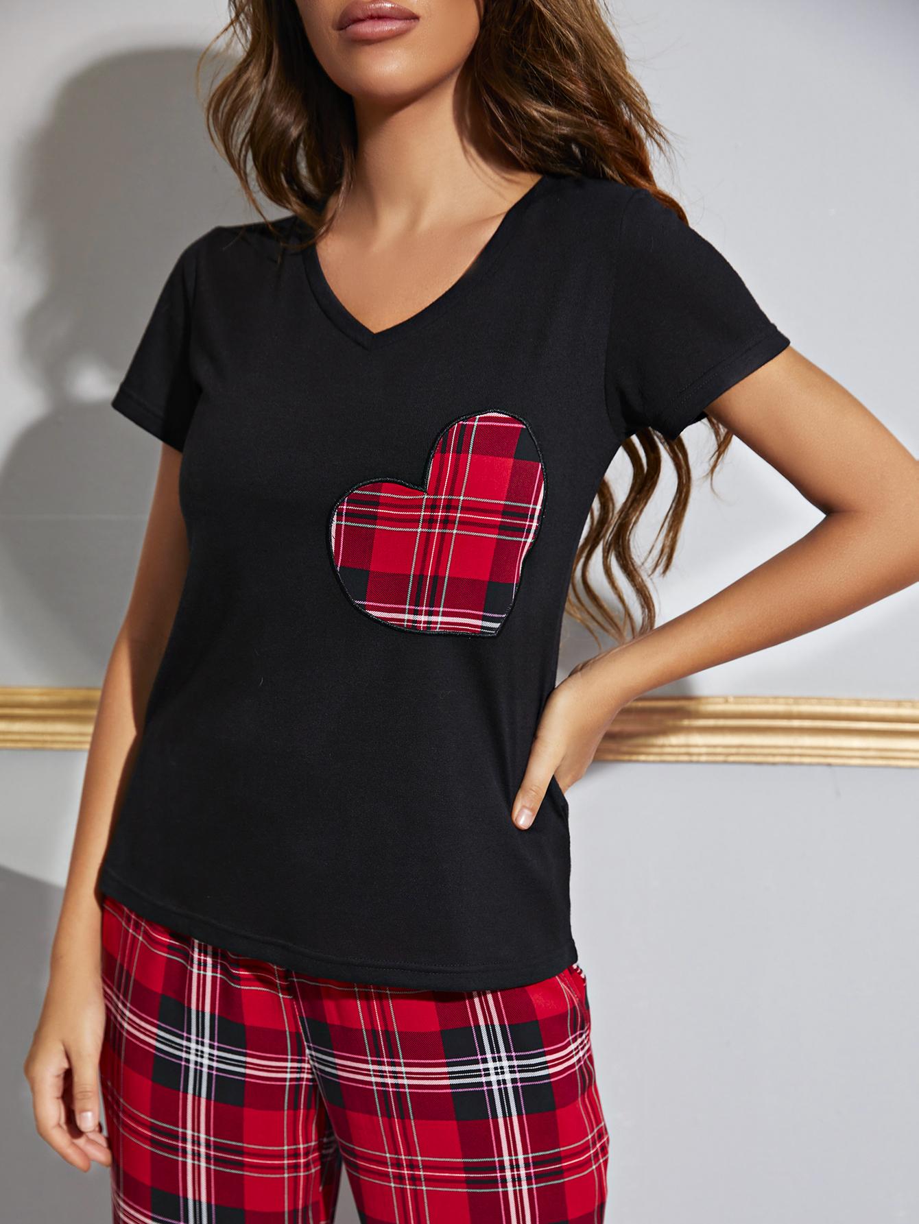 Heart Graphic V-Neck Top and Plaid Pants Lounge Set - FunkyPeacockStore (Store description)