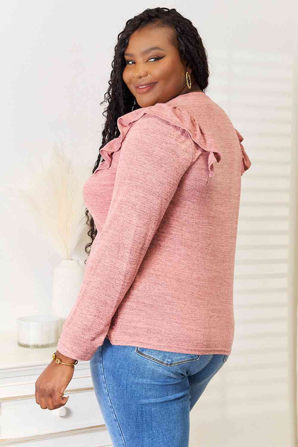 Double Take Ruffle Shoulder Long Sleeve T-Shirt - FunkyPeacockStore (Store description)