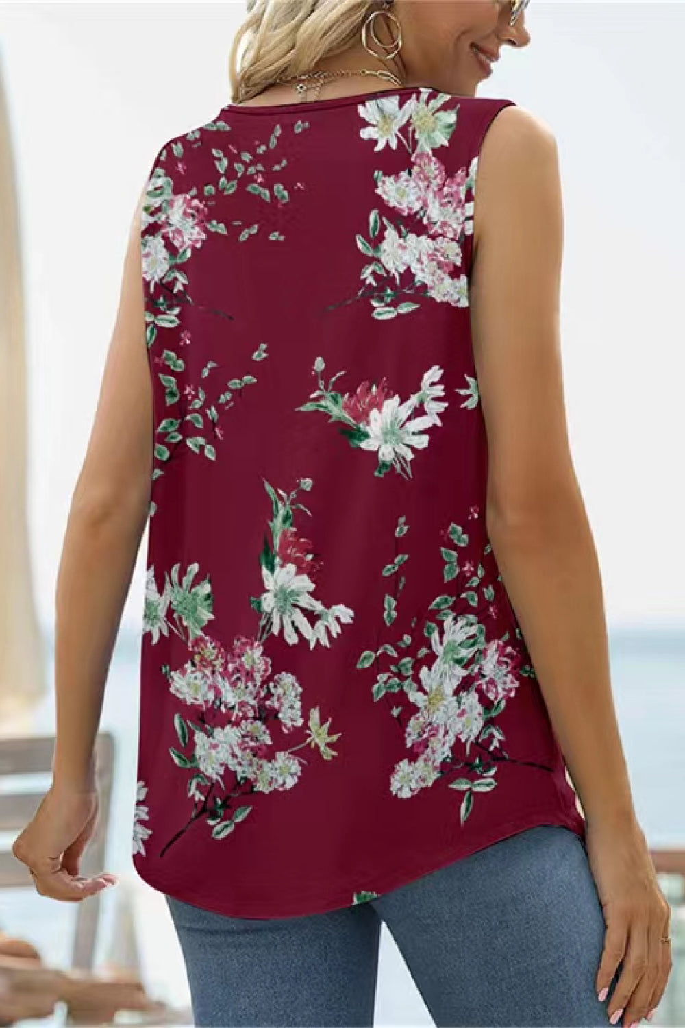 Printed Square Neck Curved Hem Tank - FunkyPeacockStore (Store description)