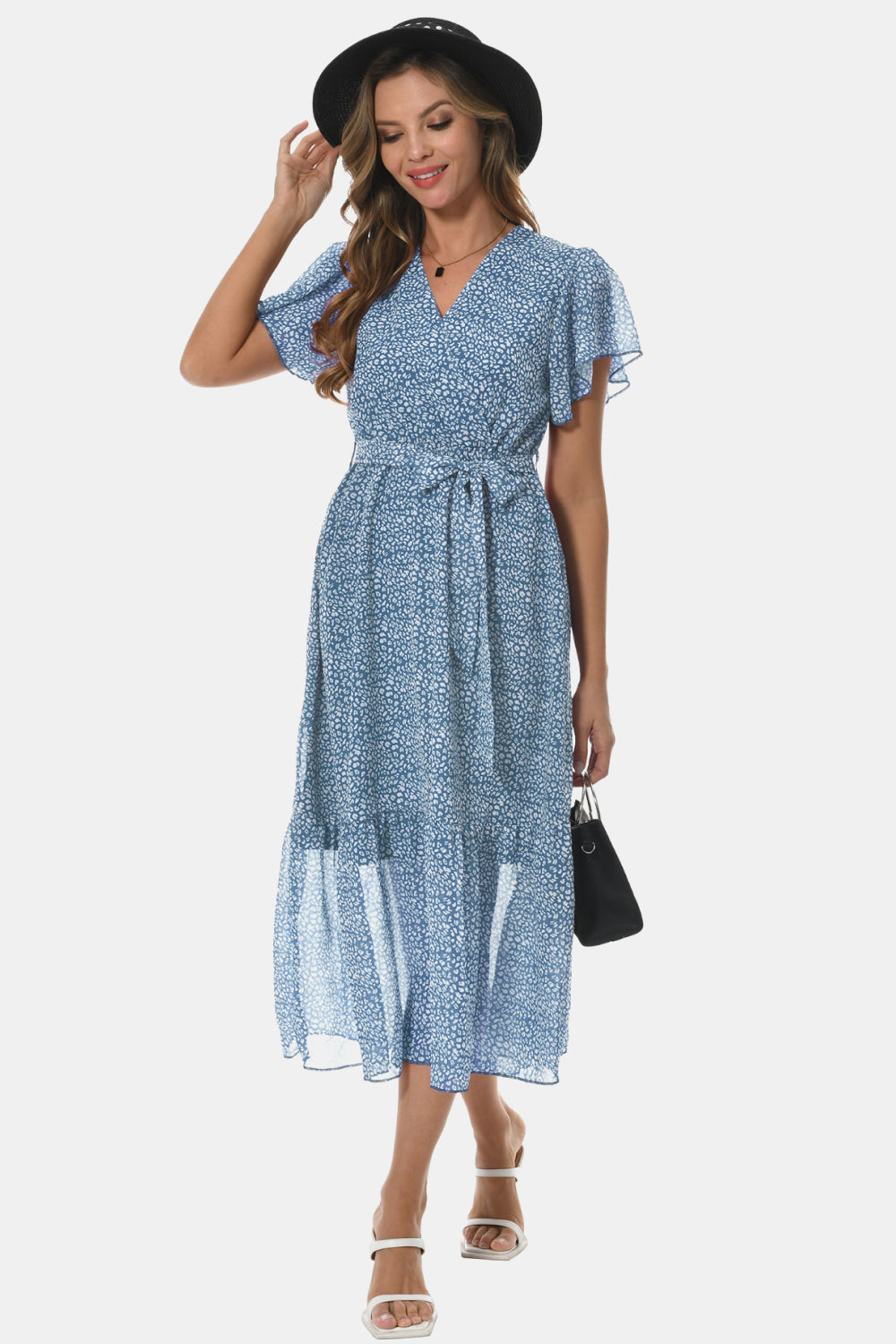 Surplice Neck Flutter Sleeve Tied Dress - FunkyPeacockStore (Store description)