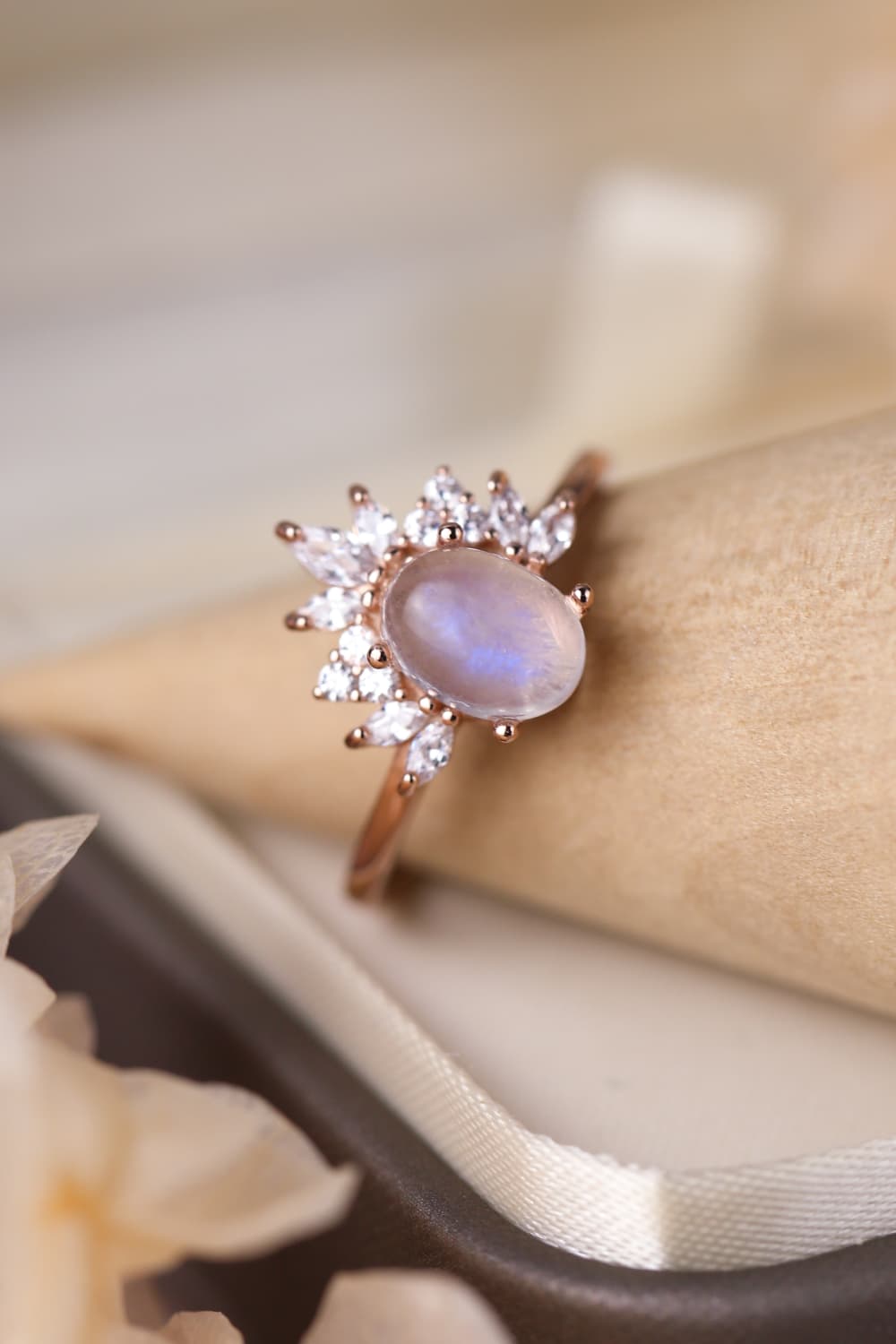 High Quality Natural Moonstone 18K Rose Gold-Plated 925 Sterling Silver Ring - FunkyPeacockStore (Store description)