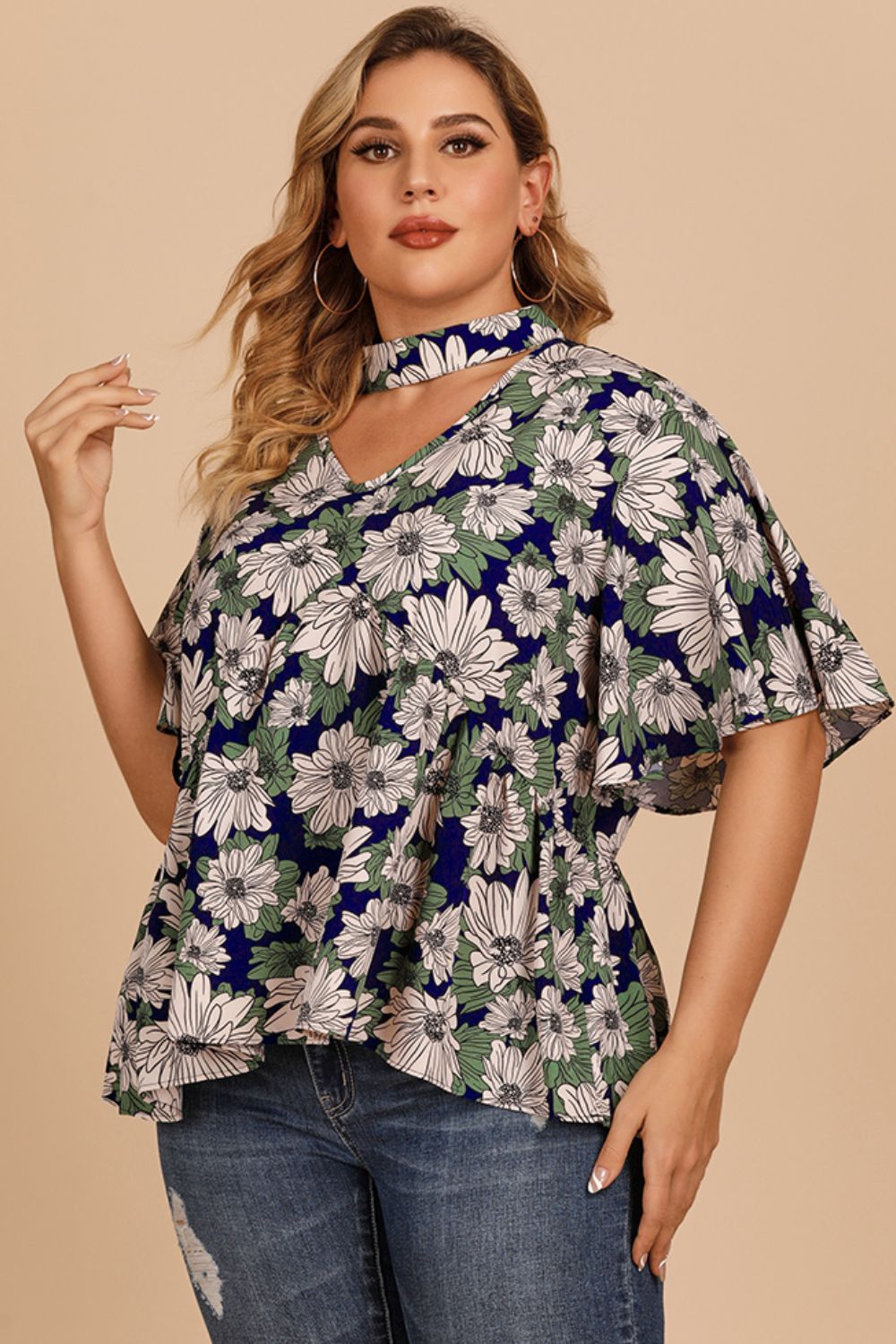 Floral Flutter Sleeve Cutout Blouse - FunkyPeacockStore (Store description)