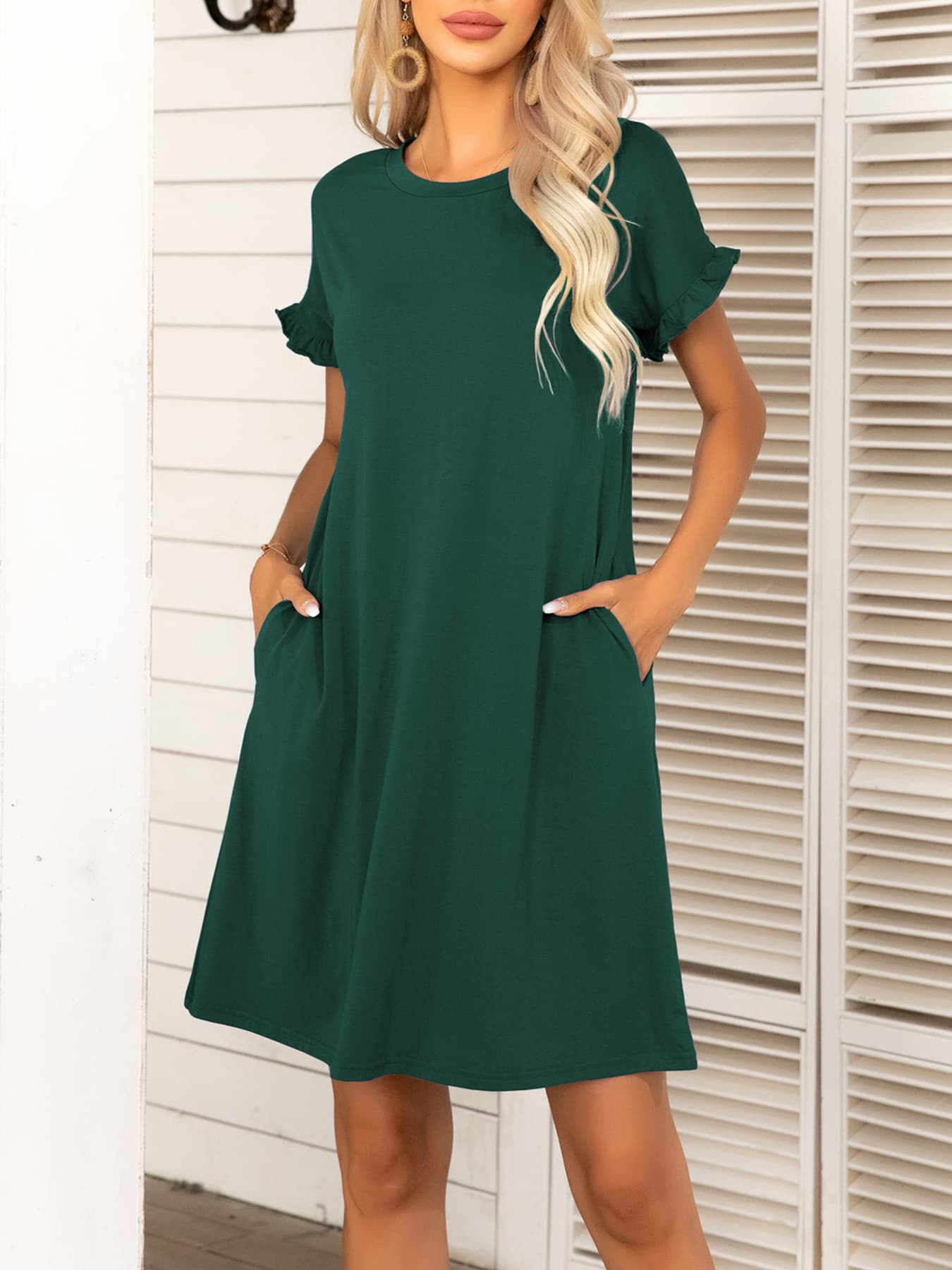 Round Neck Flounce Sleeve Dress with Pockets - FunkyPeacockStore (Store description)