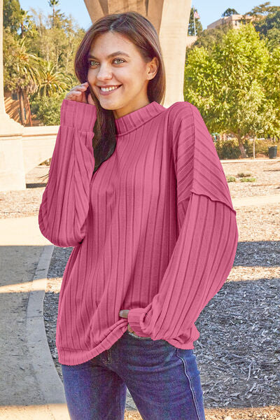 Basic Bae Ribbed Exposed Seam Mock Neck Knit Top - FunkyPeacockStore (Store description)