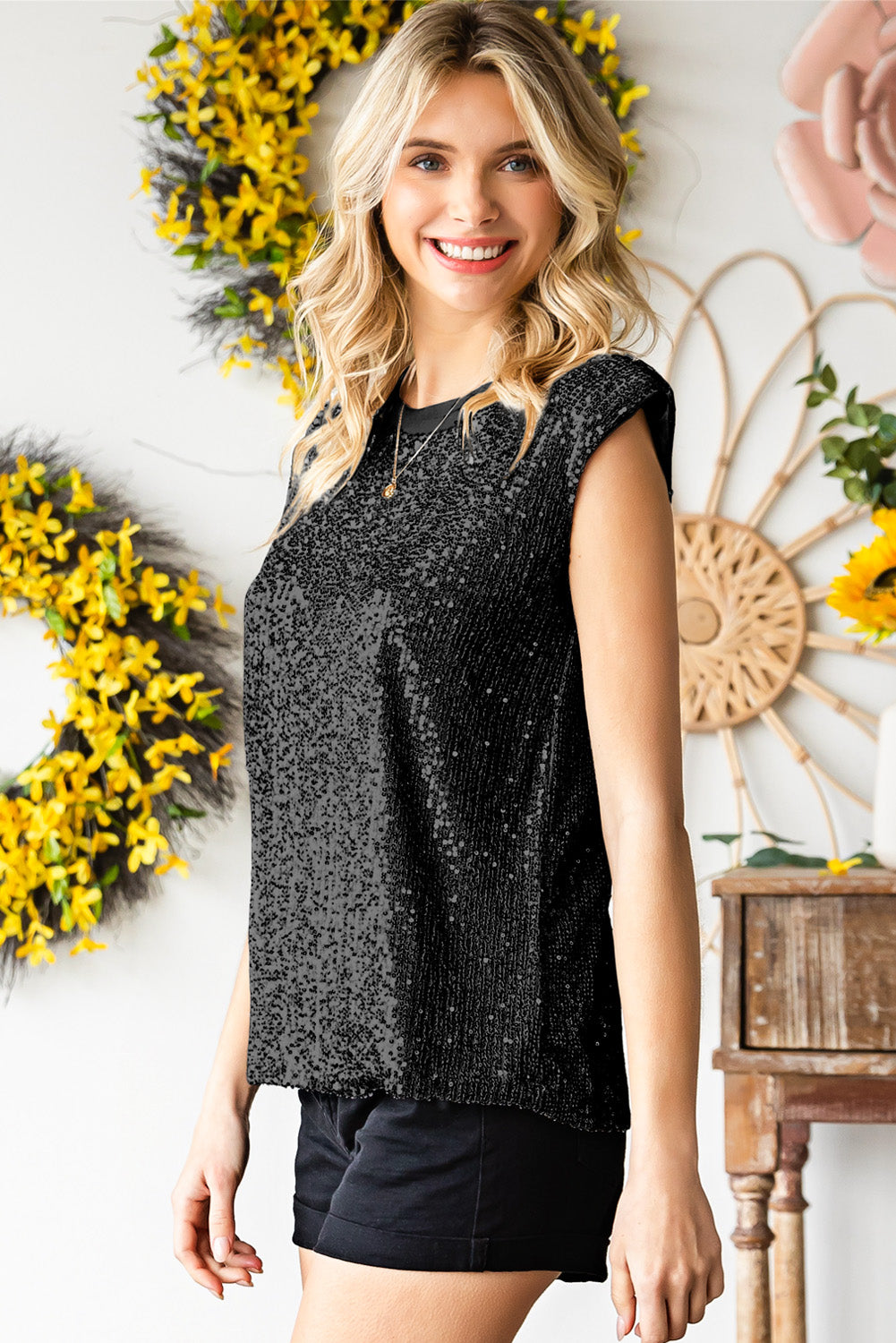 Sequin Round Neck Capped Sleeve Tank - FunkyPeacockStore (Store description)