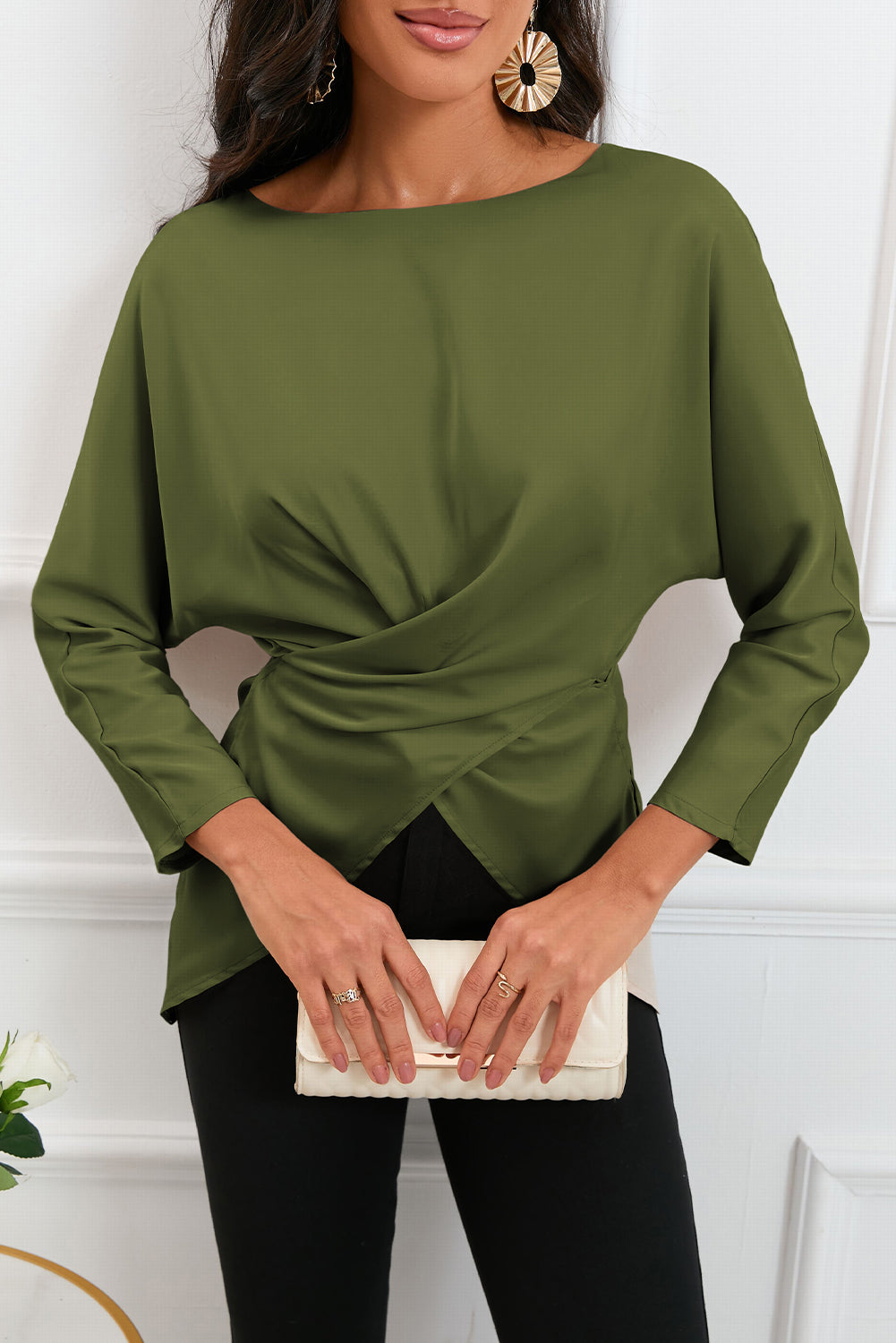 Boat Neck Back Tie Long Sleeve Satin Blouse - FunkyPeacockStore (Store description)