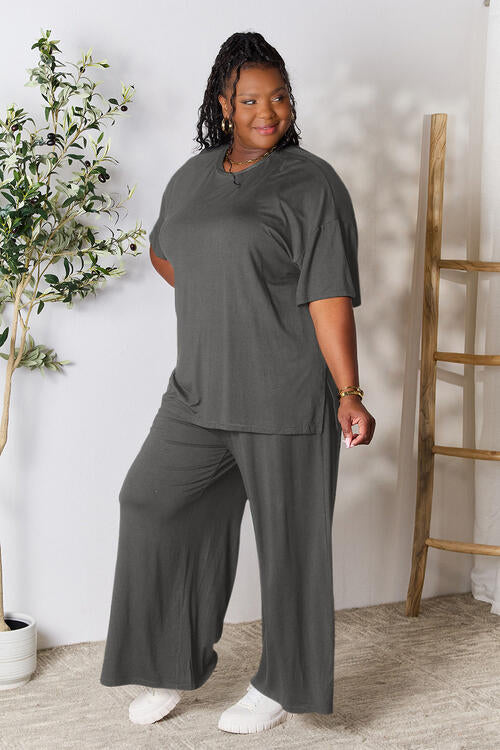 Double Take Full Size Round Neck Slit Top and Pants Set - FunkyPeacockStore (Store description)