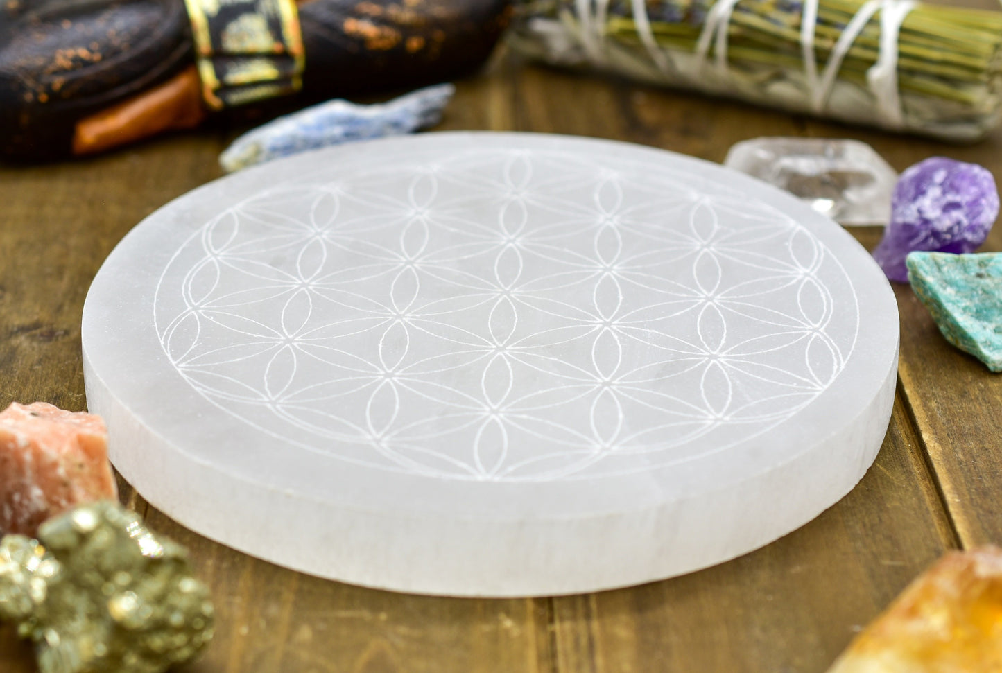 Flower of Life Laser Engraved Selenite Plates - FunkyPeacockStore (Store description)