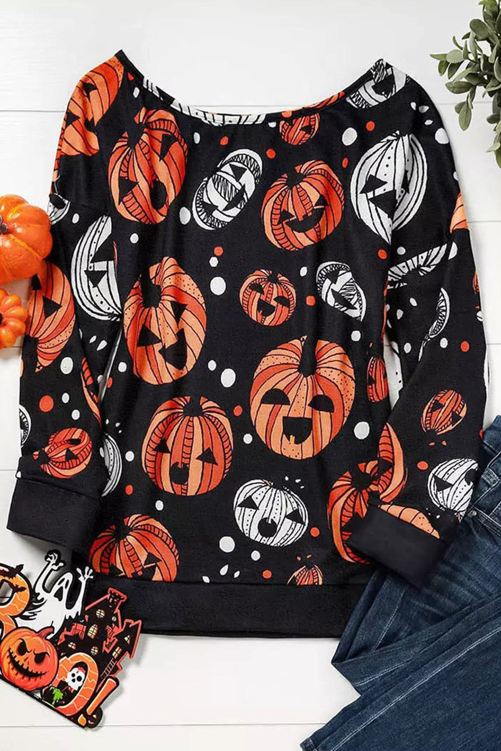 One Shoulder Jack-O'-Lantern Graphic Sweatshirt - FunkyPeacockStore (Store description)