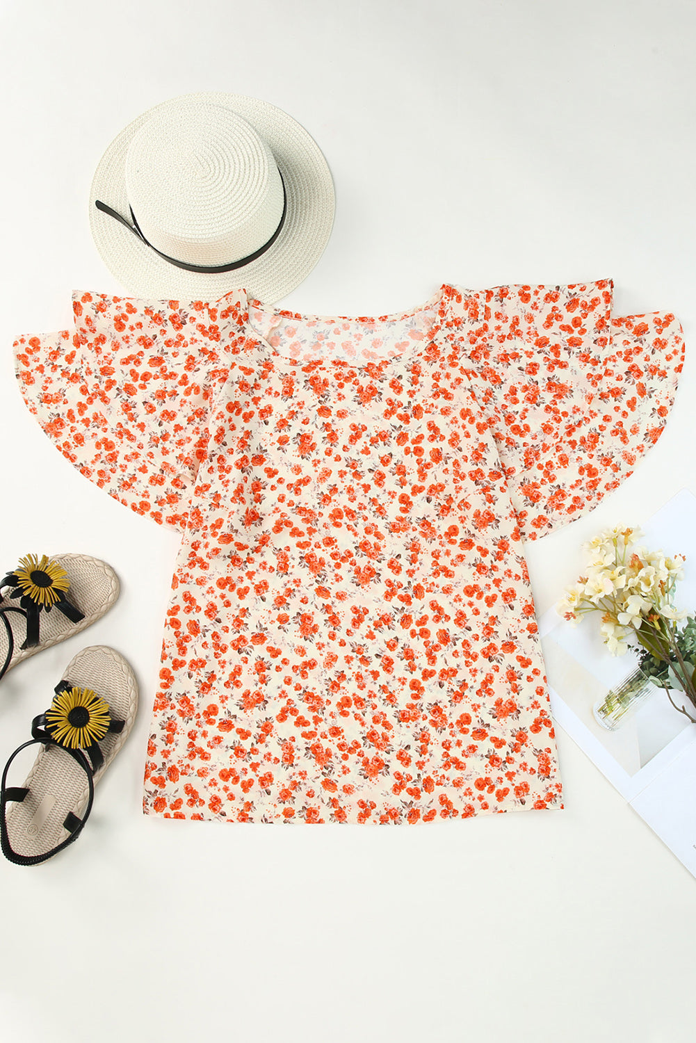 Floral Round Neck Flutter Sleeve Blouse - FunkyPeacockStore (Store description)