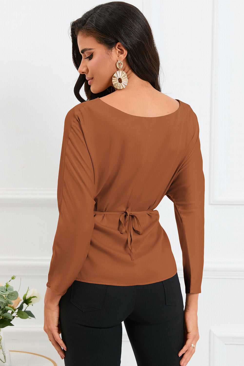 Boat Neck Back Tie Long Sleeve Satin Blouse - FunkyPeacockStore (Store description)