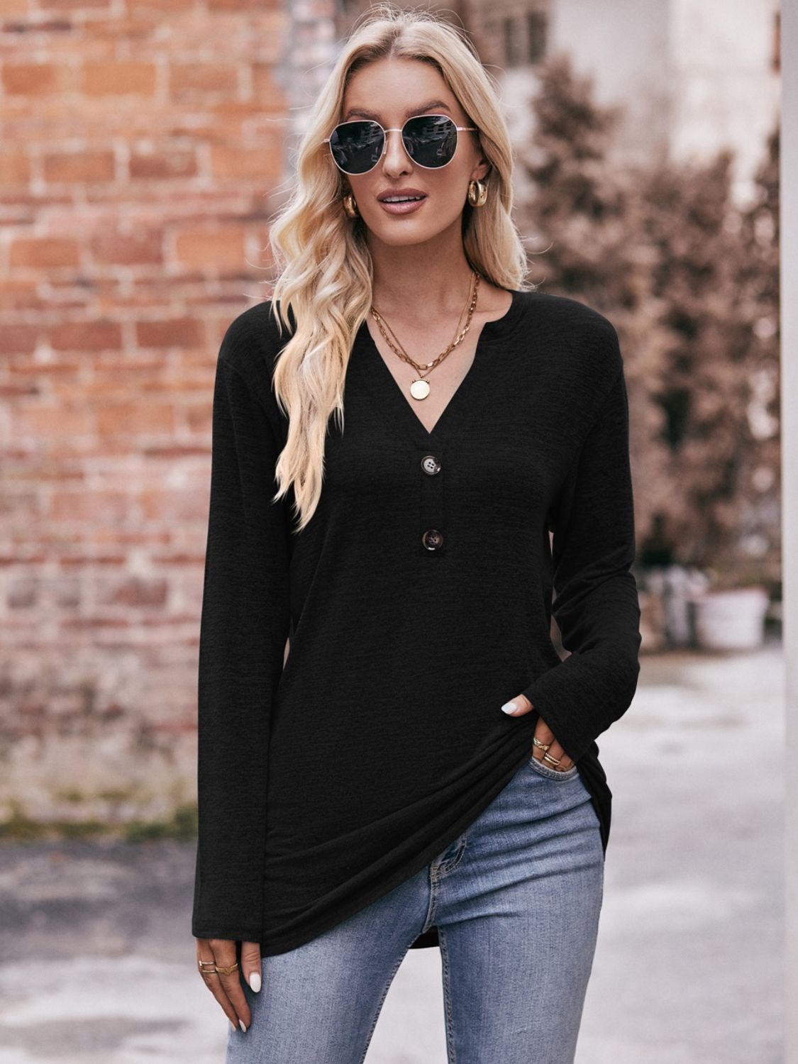 Buttoned Notched Neck Long Sleeve Top - FunkyPeacockStore (Store description)