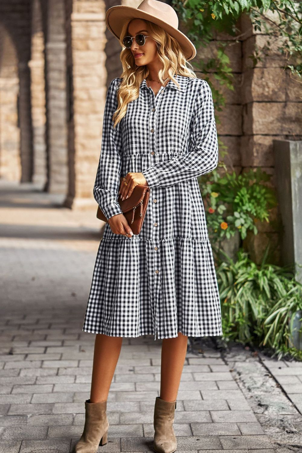 Collared Neck Long Sleeve Midi Dress - FunkyPeacockStore (Store description)