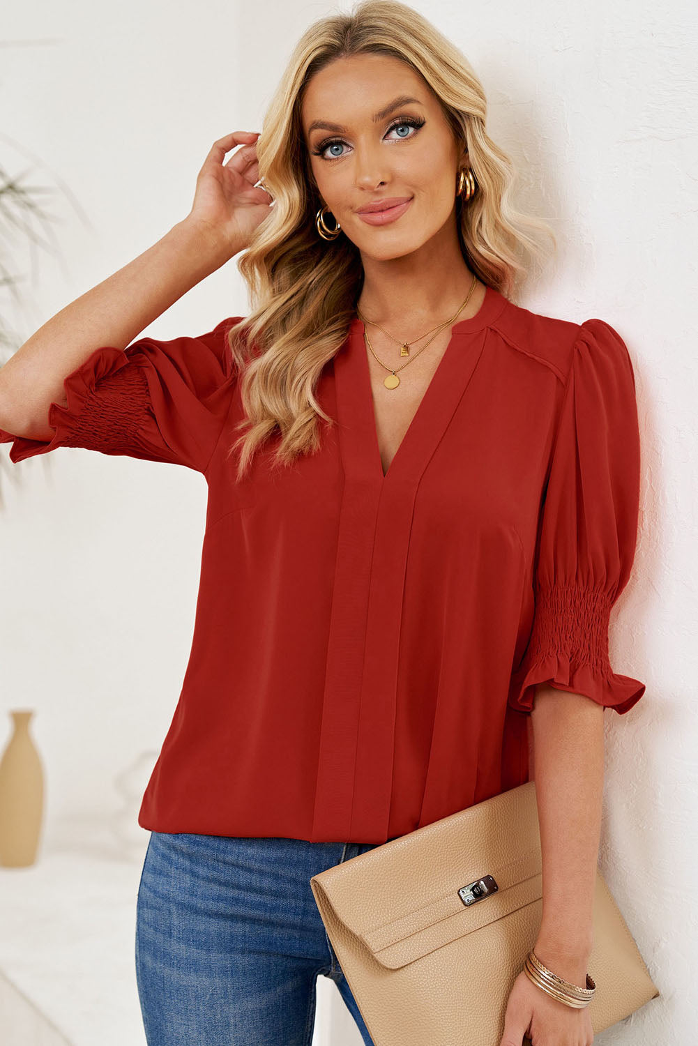 Smocked Flounce Sleeve Notched Neck Blouse - FunkyPeacockStore (Store description)