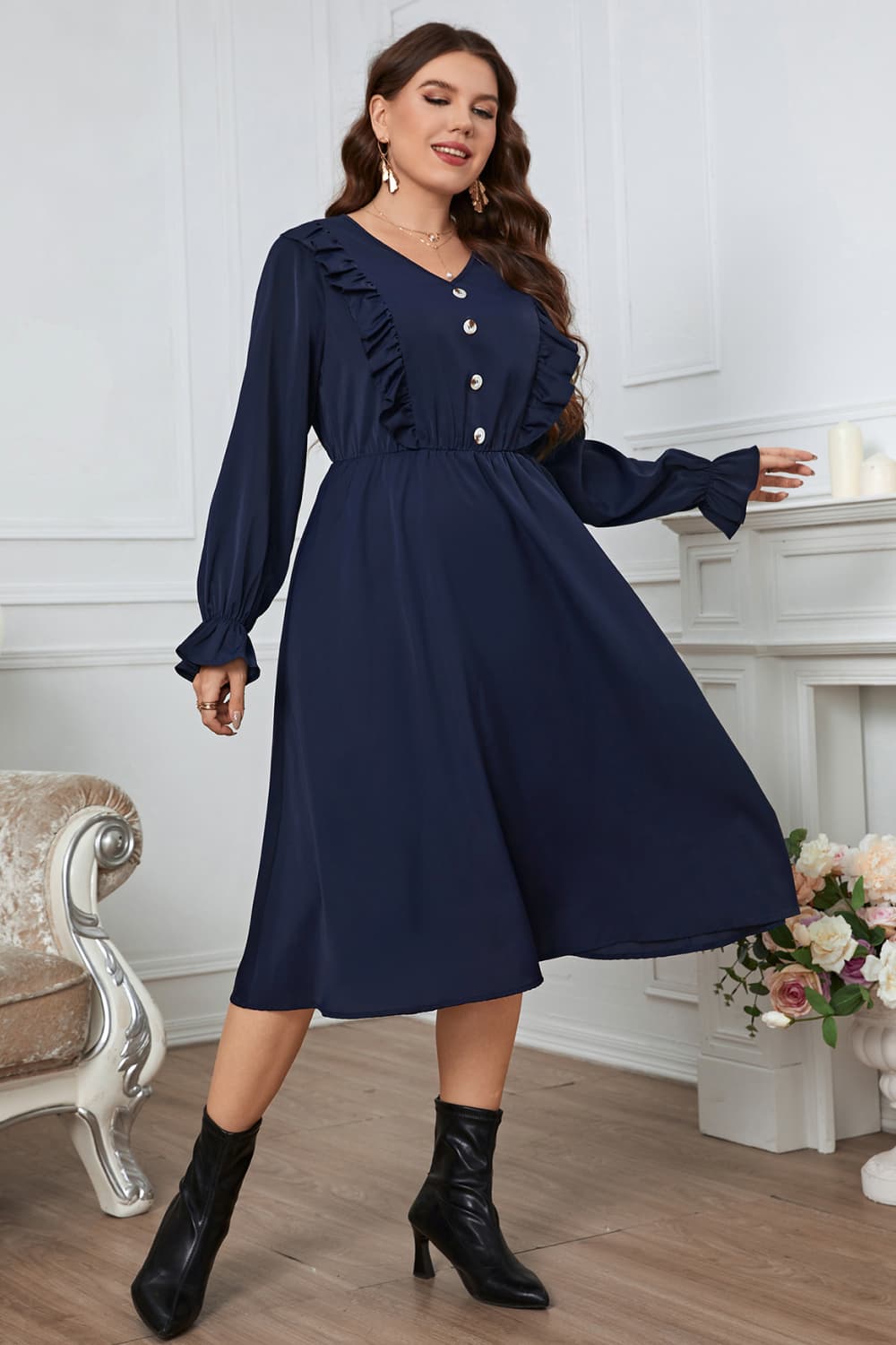 V-Neck Buttoned Flounce Sleeve Dress - FunkyPeacockStore (Store description)