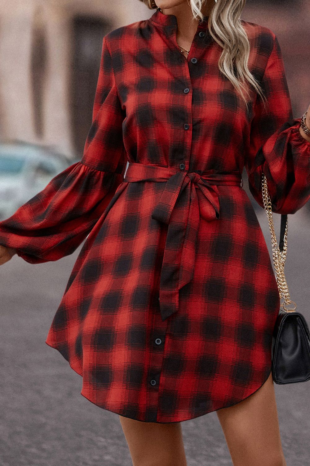 Plaid Tie Waist Balloon Sleeve Mini Dress - FunkyPeacockStore (Store description)