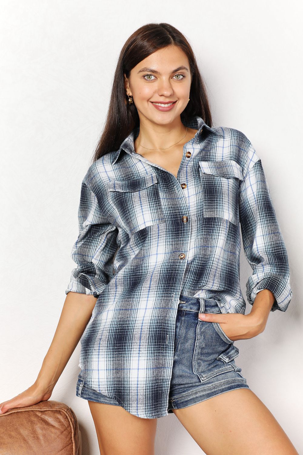 Double Take Plaid Dropped Shoulder Shirt - FunkyPeacockStore (Store description)