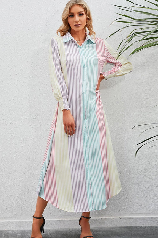 Rainbow Stripe Button-Up Maxi Shirt Dress - FunkyPeacockStore (Store description)