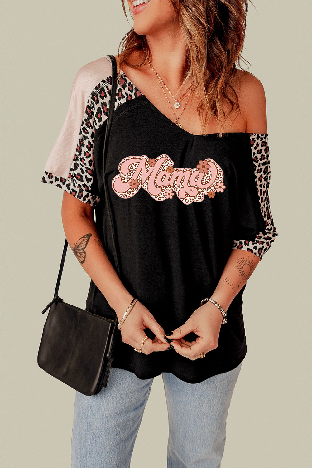 MAMA Graphic Leopard V-Neck Tee Shirt - FunkyPeacockStore (Store description)