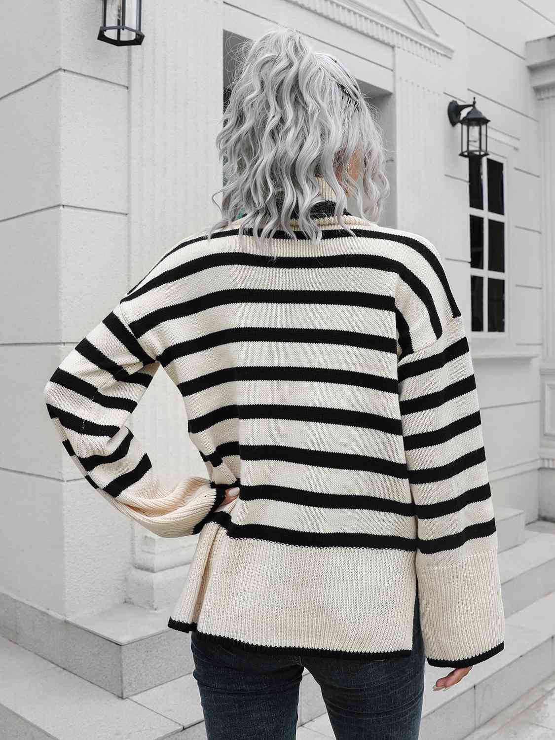 Striped Slit Turtleneck Drop Shoulder Sweater - FunkyPeacockStore (Store description)