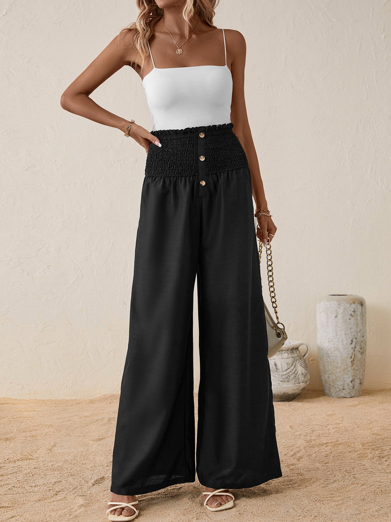 High Smocked Waist Buttoned Relax Fit Long Pants - FunkyPeacockStore (Store description)