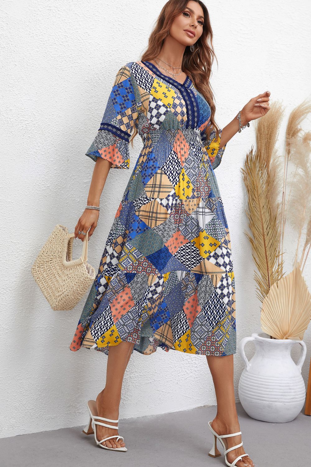 Patchwork V-Neck Tiered Midi Dress - FunkyPeacockStore (Store description)