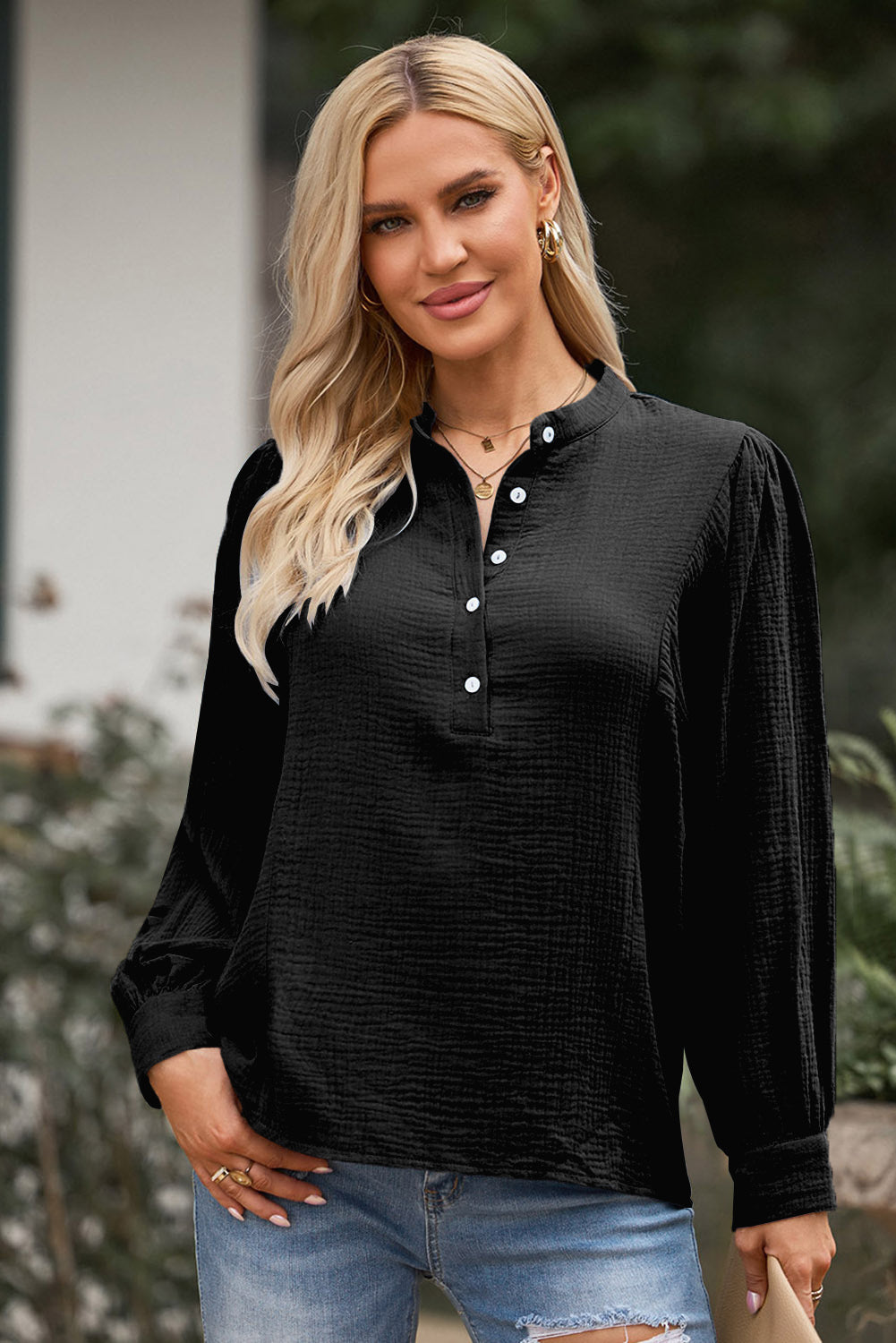 Half Button Puff Sleeve Blouse - FunkyPeacockStore (Store description)