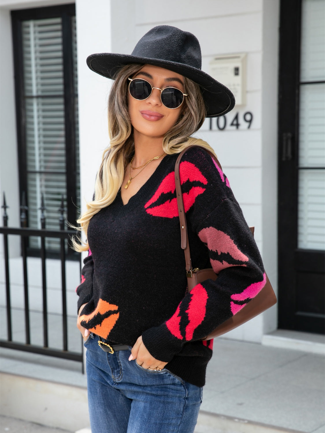 Lip V-Neck Drop Shoulder Sweater - FunkyPeacockStore (Store description)