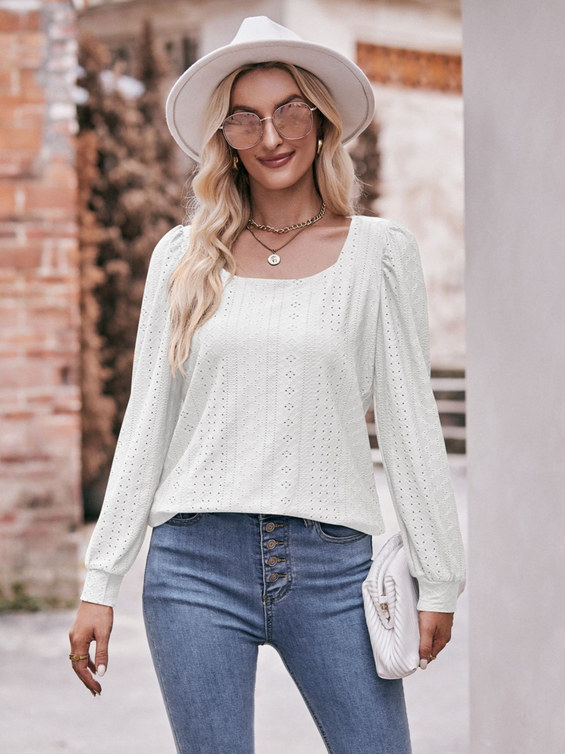 Eyelet Square Neck Puff Sleeve Blouse - FunkyPeacockStore (Store description)