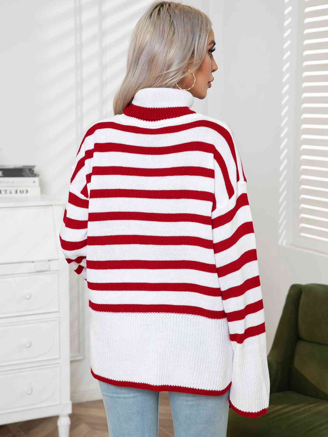 Striped Slit Turtleneck Drop Shoulder Sweater - FunkyPeacockStore (Store description)