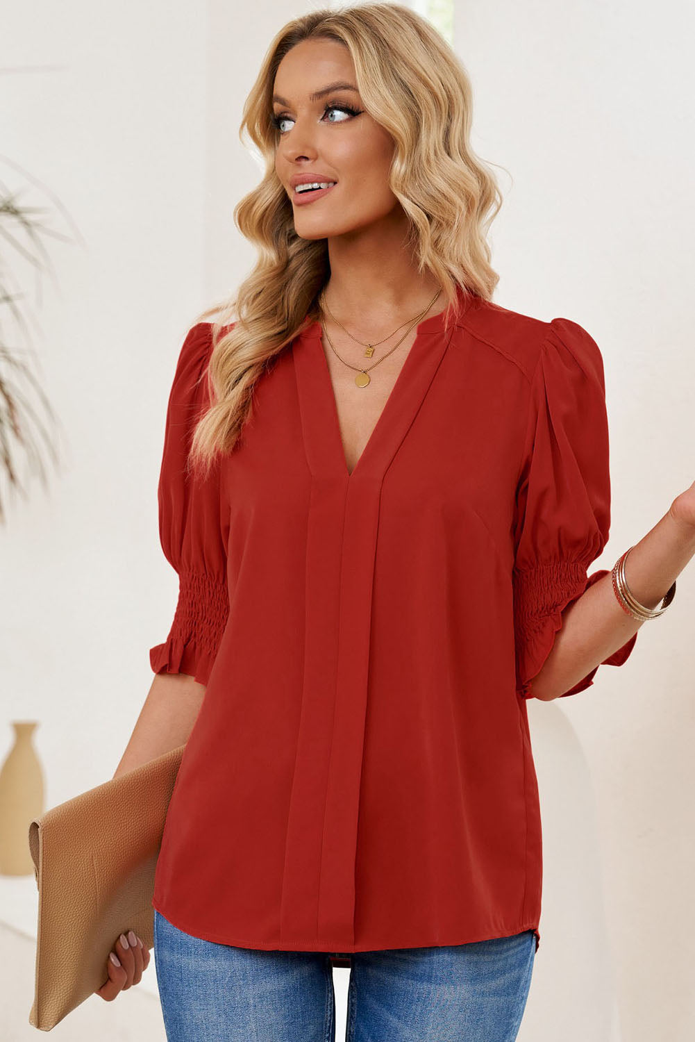 Smocked Flounce Sleeve Notched Neck Blouse - FunkyPeacockStore (Store description)