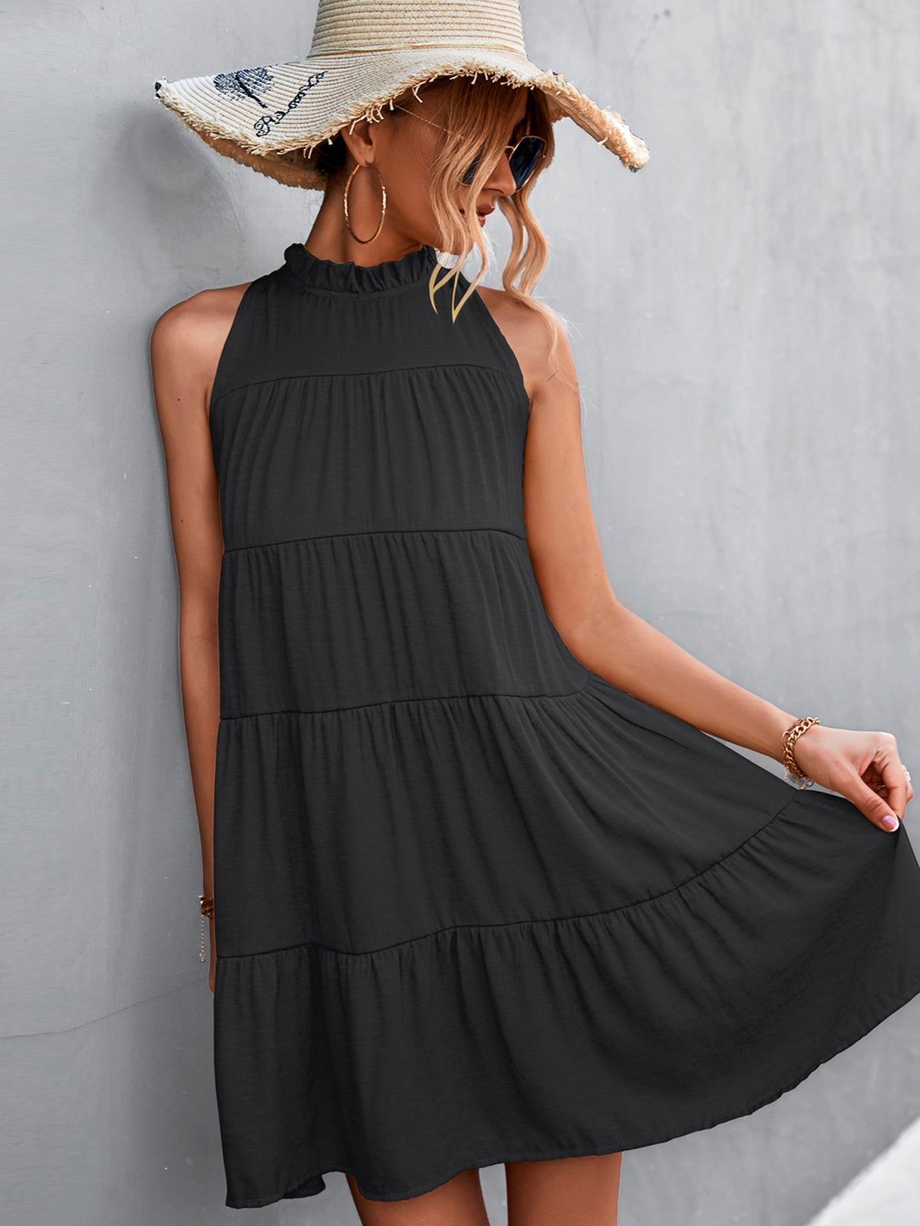 Tie Back Mock Neck Tiered Dress - FunkyPeacockStore (Store description)