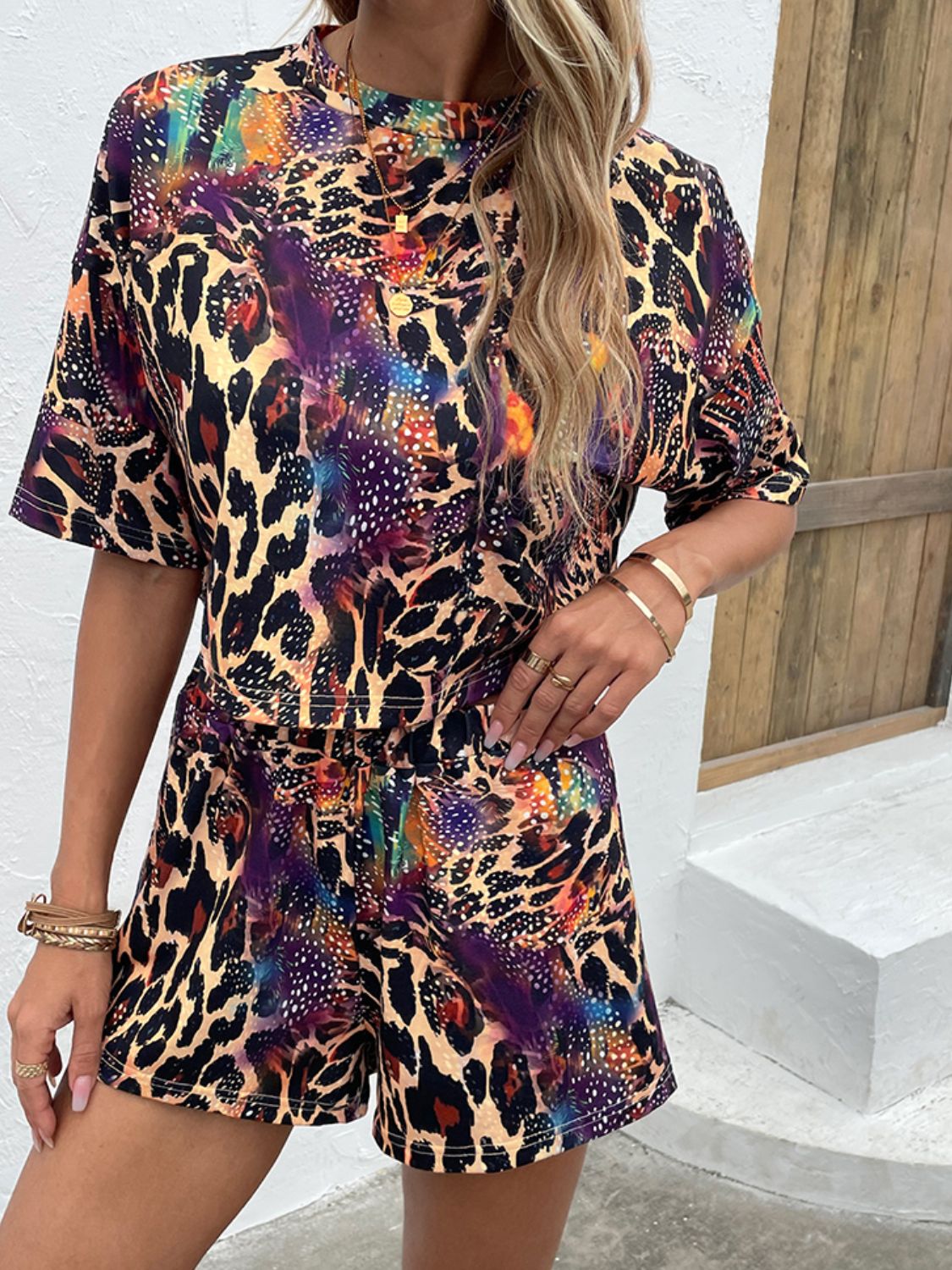 Printed Round Neck Dropped Shoulder Half Sleeve Top and Shorts Set - FunkyPeacockStore (Store description)