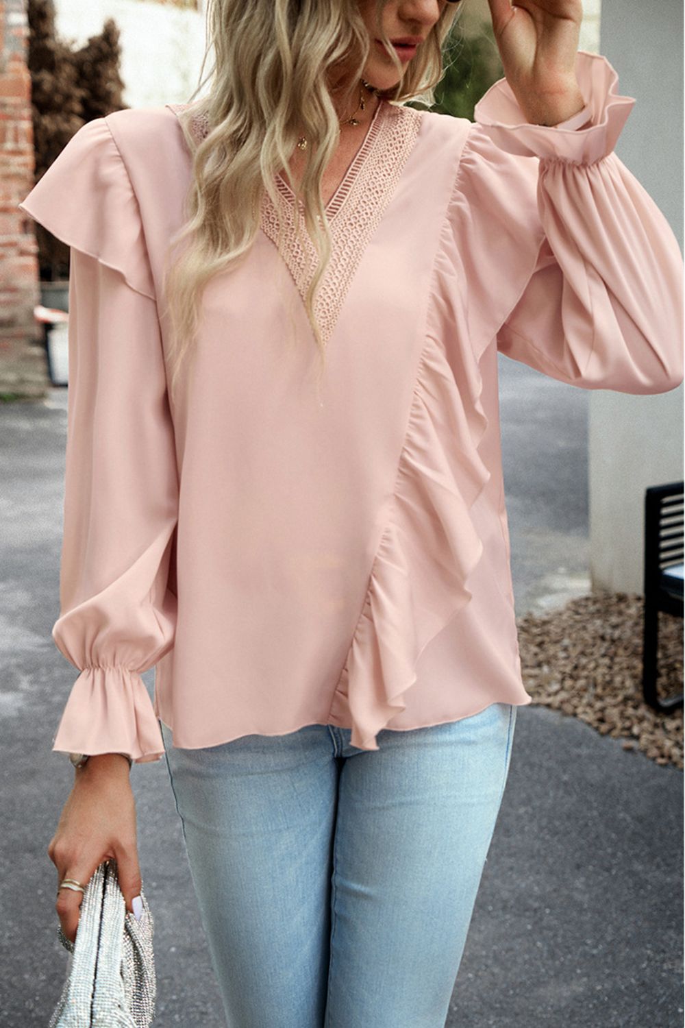 V-Neck Flounce Sleeve Ruffle Trim Blouse - FunkyPeacockStore (Store description)