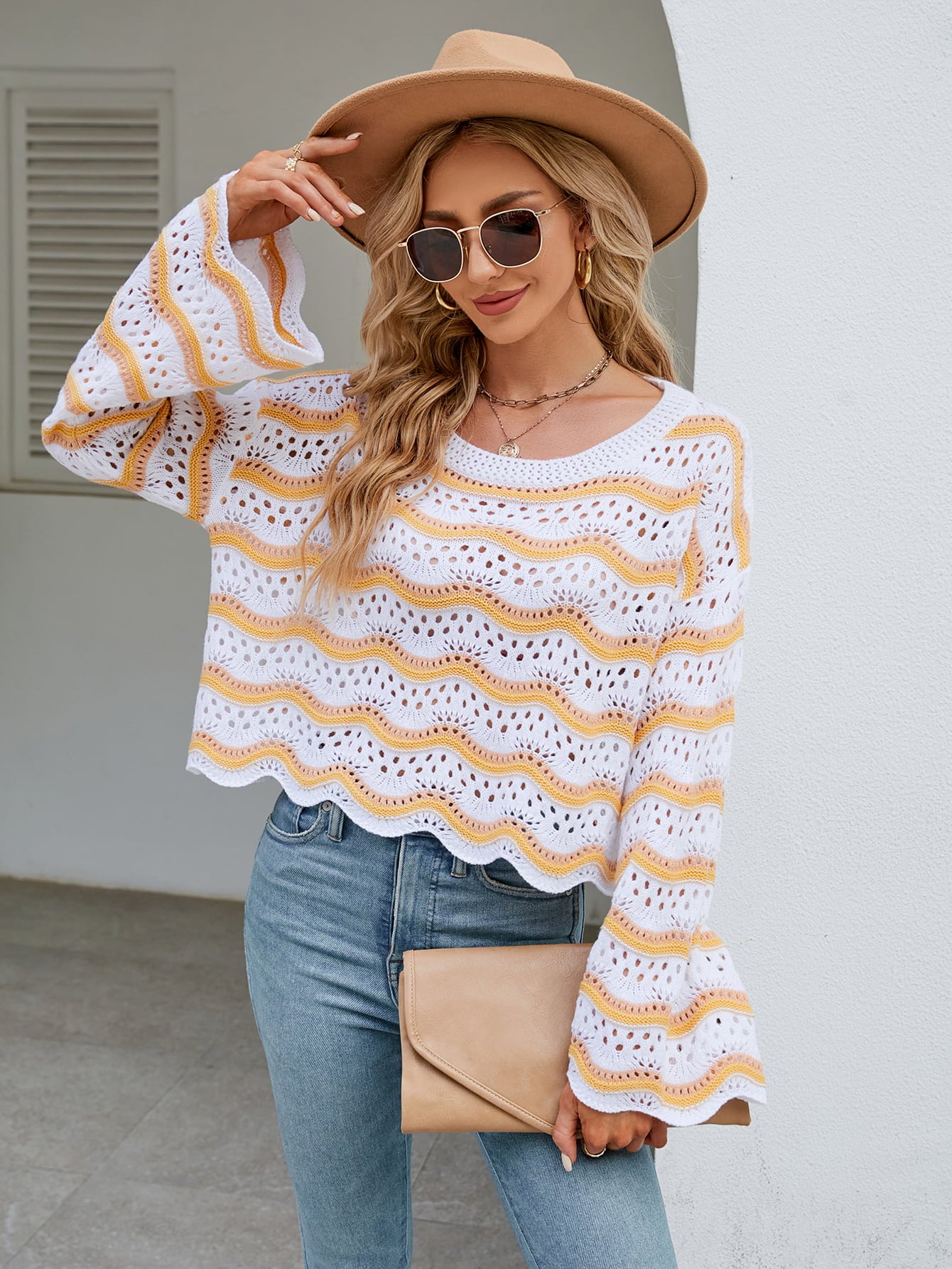 Round Neck Openwork Flare Sleeve Knit Top - FunkyPeacockStore (Store description)