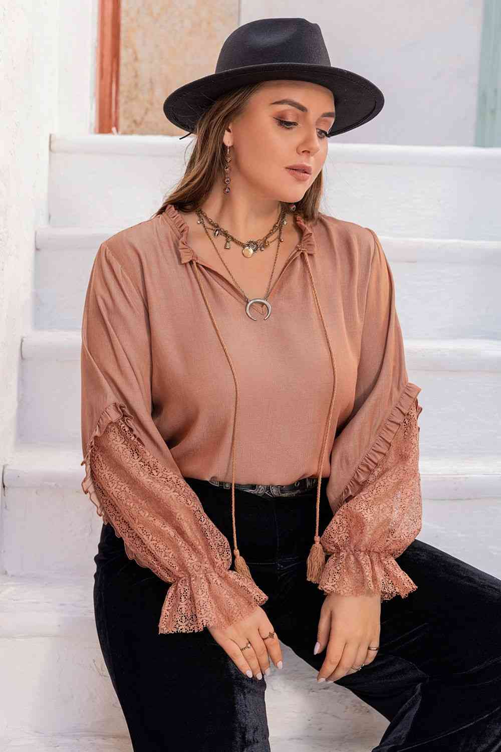 Plus Size Tie Neck Flounce Sleeve Blouse - FunkyPeacockStore (Store description)