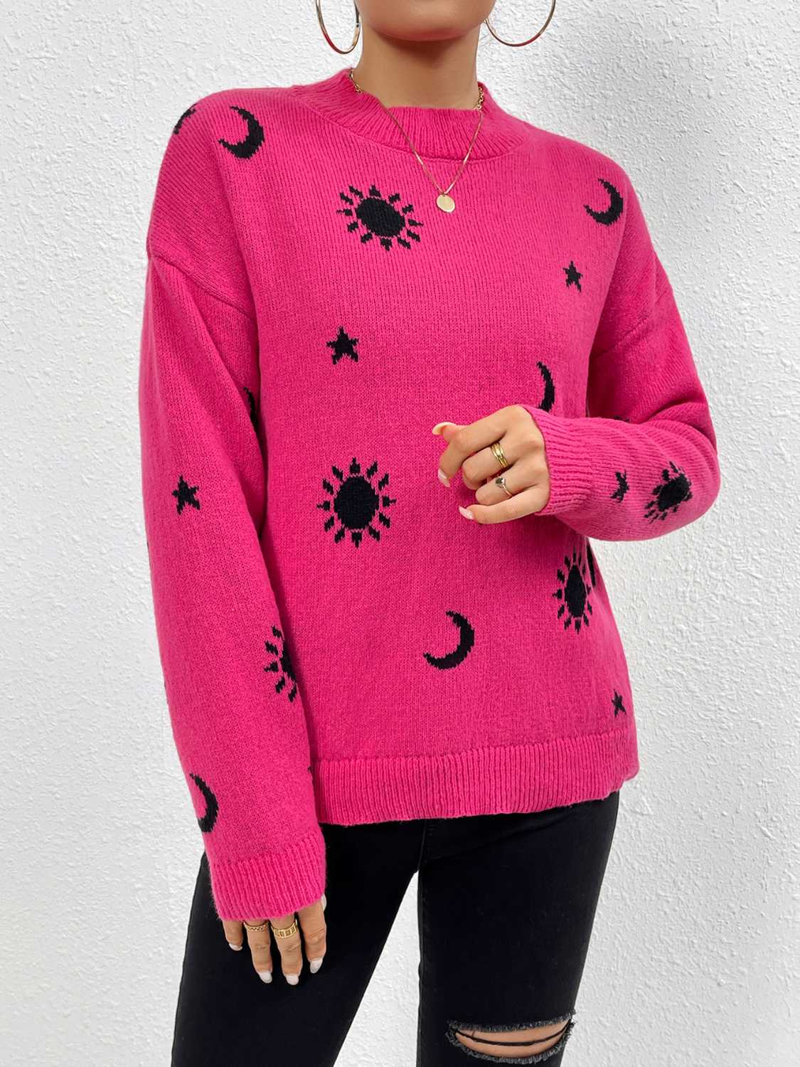 Patterned Drop Shoulder Sweater - FunkyPeacockStore (Store description)