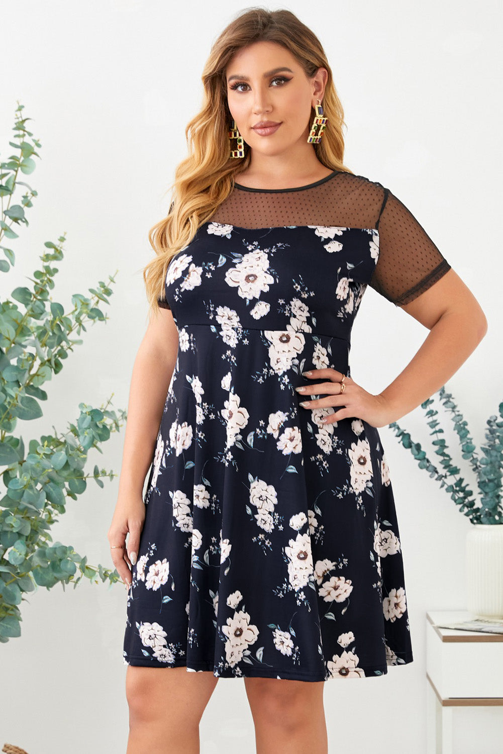 Floral Polka Dot Mesh Yoke Dress - FunkyPeacockStore (Store description)