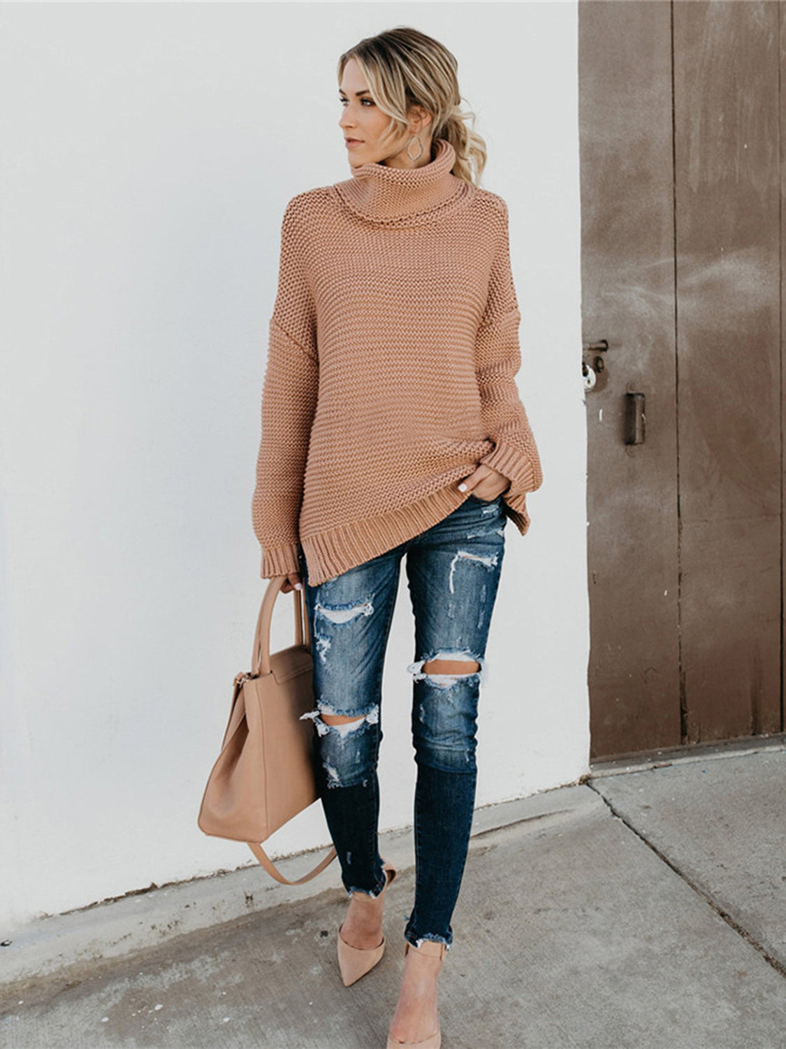 Turtleneck Dropped Shoulder Slit Sweater - FunkyPeacockStore (Store description)