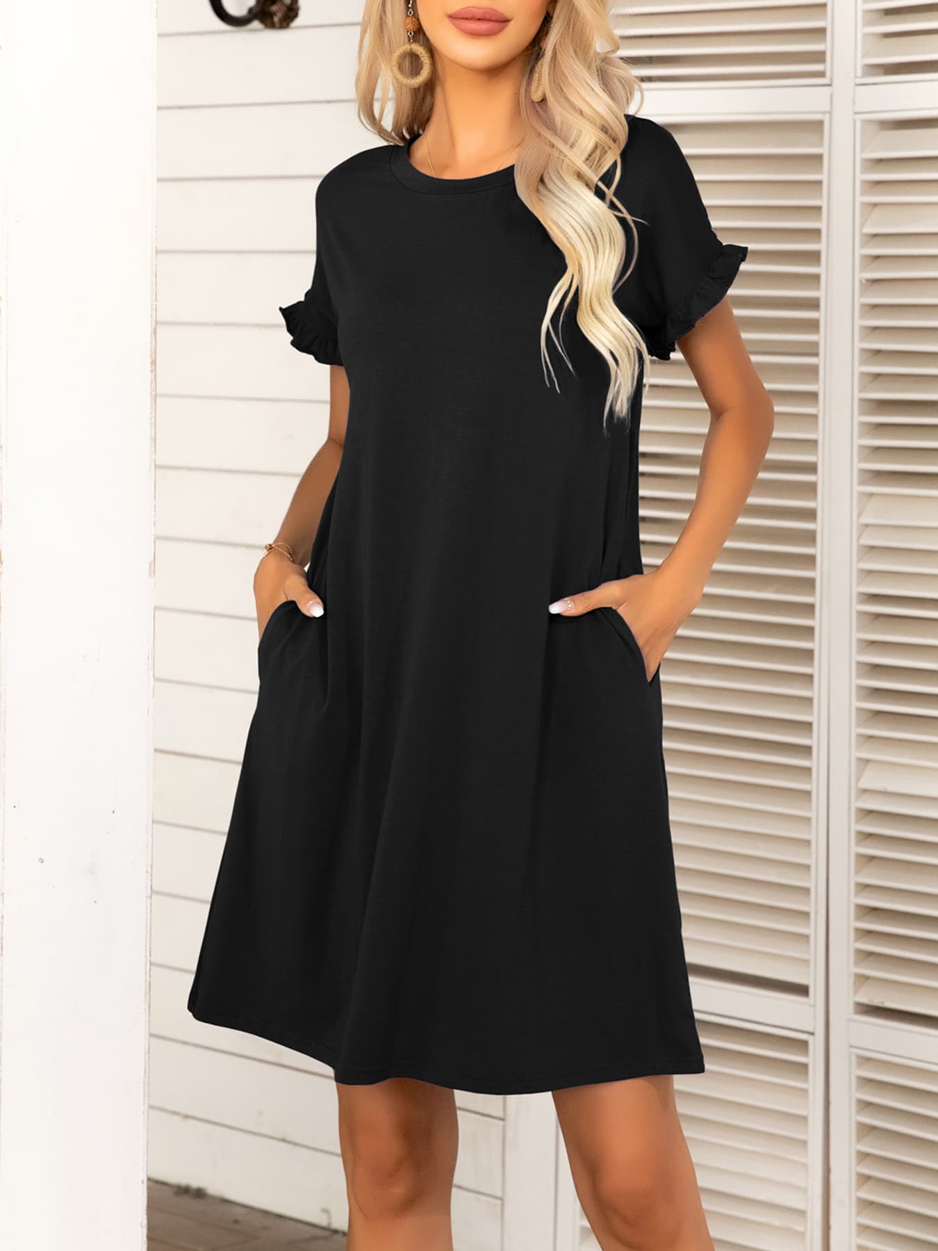 Round Neck Flounce Sleeve Dress with Pockets - FunkyPeacockStore (Store description)