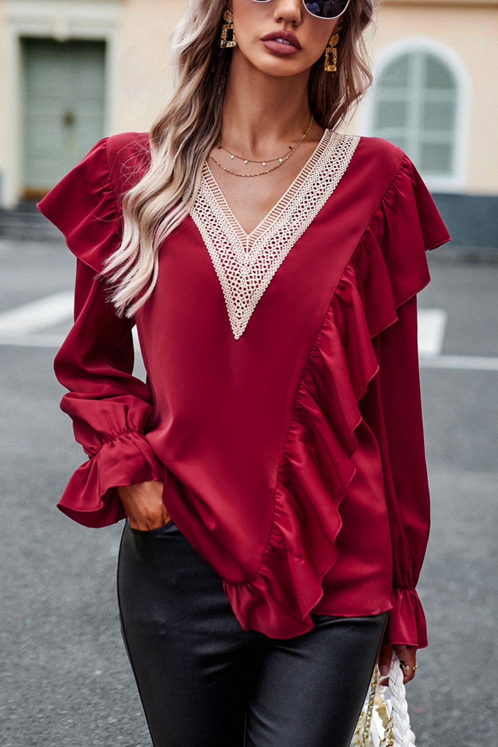 V-Neck Flounce Sleeve Ruffle Trim Blouse - FunkyPeacockStore (Store description)