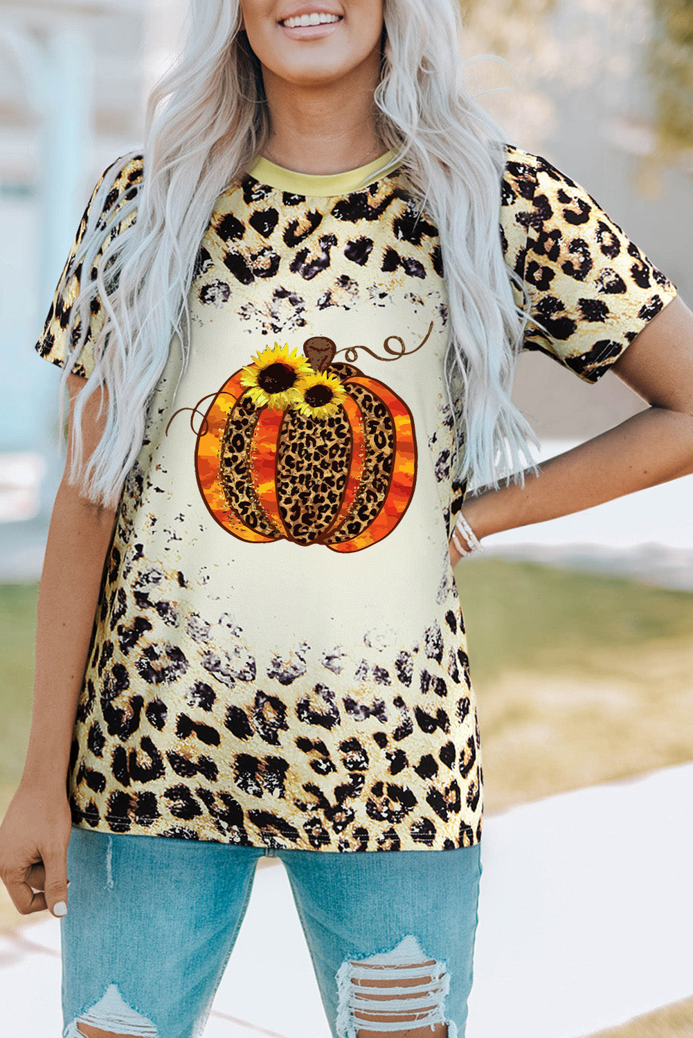 Leopard Pumpkin Graphic Round Neck Tee - FunkyPeacockStore (Store description)