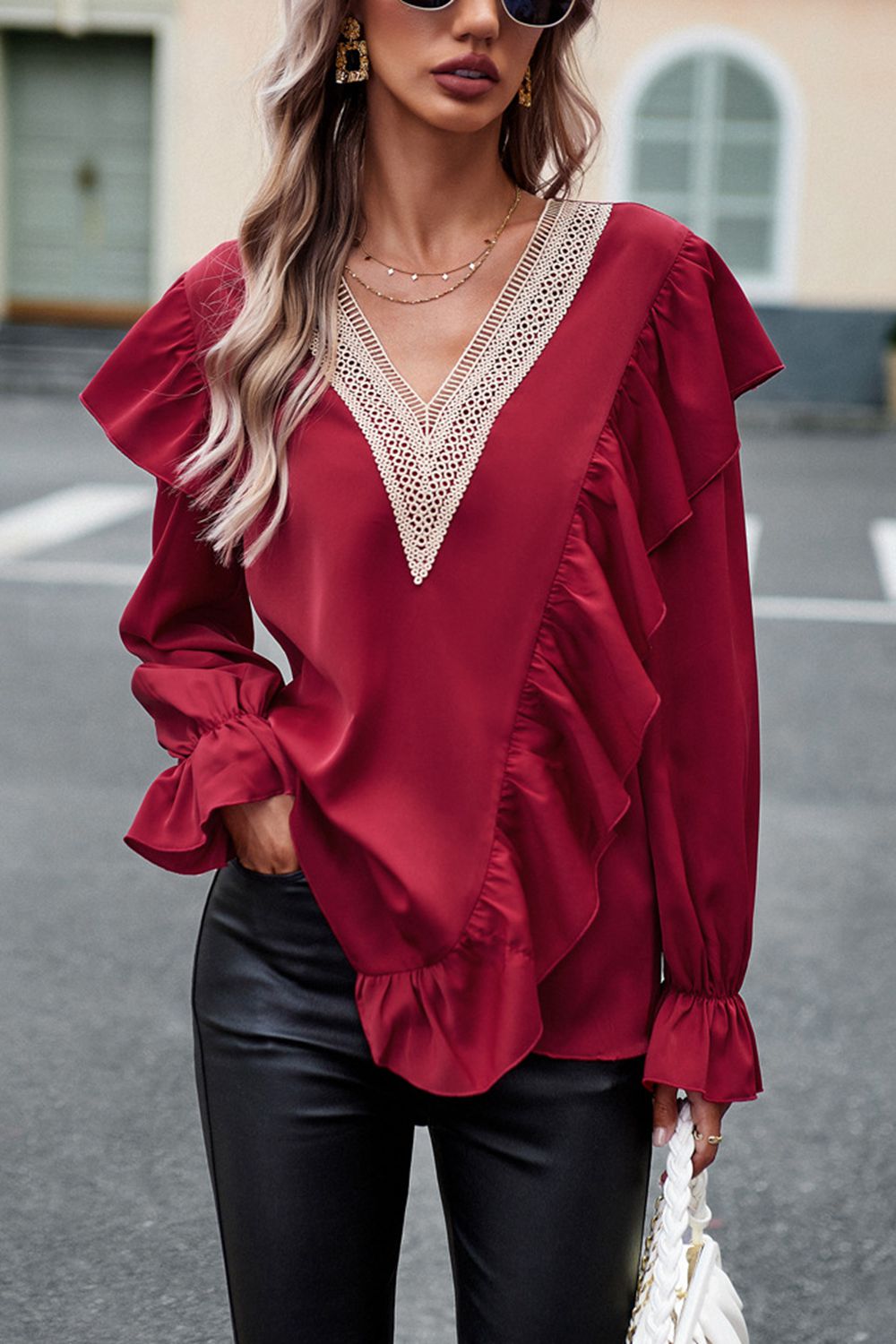 V-Neck Flounce Sleeve Ruffle Trim Blouse - FunkyPeacockStore (Store description)