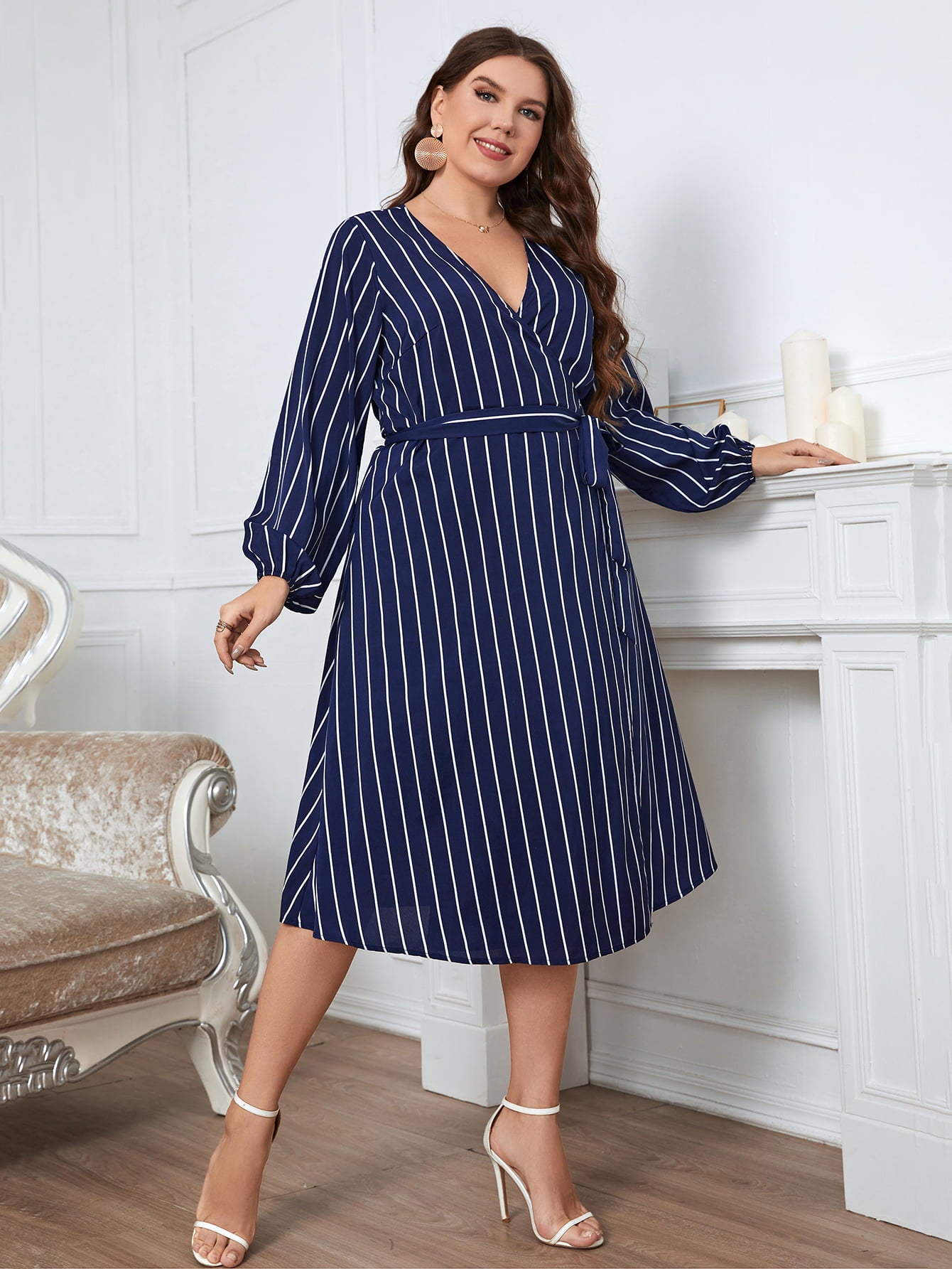 Striped Surplice Neck Long Sleeve Dress - FunkyPeacockStore (Store description)